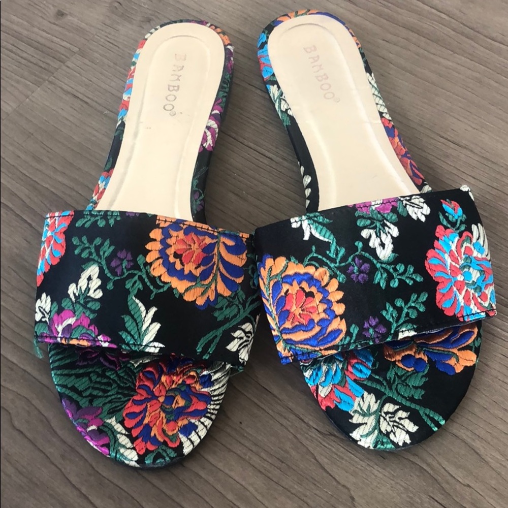 Faux satin embroidered slides